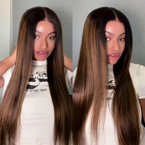 UNICE Glueless Human Hair Lace Frontal Wig, 13x4 Pre-Cut HD Lace, Yaki Straight with Balayage Highlights, 180% Density, Beginner-Friendly, Glueless Wigs,sohochic