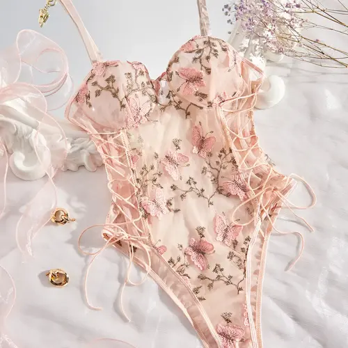 Women's Floral & Butterfly Embroidery Lace Up Sheer Sexy Bodysuit Lingerie, Adjustable Strap Backless Sleeveless Bodysuit for Summer, Fashion Women's Clothes for Daily Wear