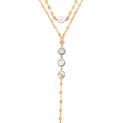 Dreamin’ Freshwater Pearl Lariat Necklace Set | 18K Gold Plated Layered Pearl Necklace | Elegant Summer Jewelry Gift for Women