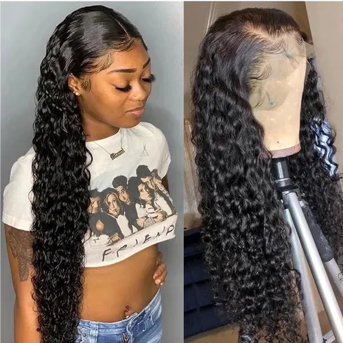 Bling Hair 36-Inch 100% Human Hair Deep Wave Lace Front Wig, 13x4/13x6 Lace Frontal, Natural Black, 180% Density, Heat Resistant, Fashion Back-to-School Accessory for Females sohochic