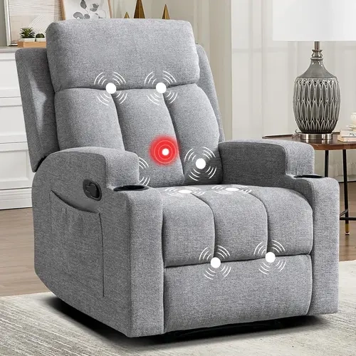 [SpringStatements] Ebello Manual Recliner Chair with Massage & Heat,Soft Fabric Recliner Chair with Overstuffed Armrest & Backrest, Manual Reclining Single Sofa with 2 Cup Holders, Side Pocket for Living Room Solid Wood Armchair Soft Cushioned Stool