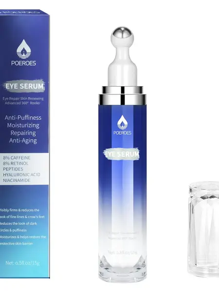 POEROES Caffeine Eye Serum & Cream Roller with 360° Massage Ball - Sensitive Skin Hydrating Moisturizer, Dark Circles Treatment, Barrier Repair for Puffiness, Wrinkles, Fine Lines (Hyaluronic Acid Blend)