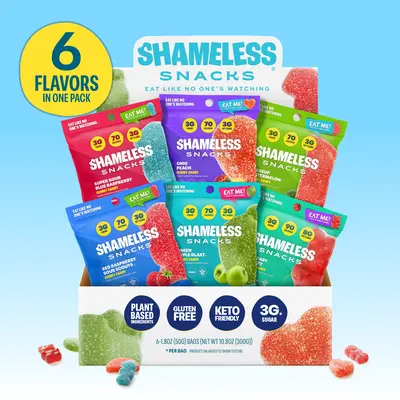 Shameless Snacks Variety Pack - Keto & Vegan Gummies (6 Bags), Snack, 3g Net Carbs, 3g Sugar, Gluten-Free, 70 Calories per Bag, The Candies, Non-GMO Fruity Sweets, Keto Fruity Sweets