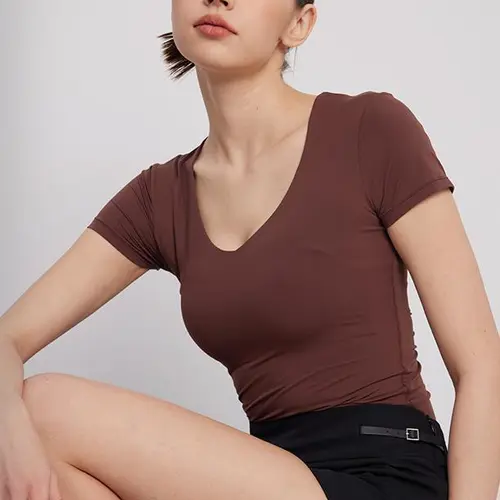 PUMIEY Snatched V Neck Fitted T-Shirt, Double Layer Not See-Through, Buttery Soft Stretch Tee, Minimal Everyday Essential