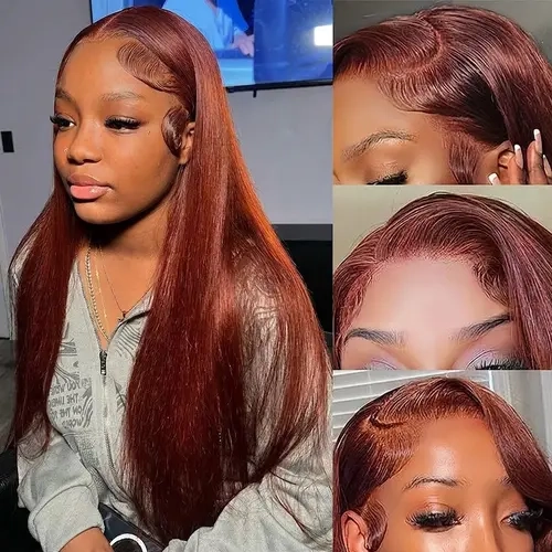 BLING HAIR Women's 13x4-13x6 Reddish Brown Bone Straight HD Frontal Human Hair Wig, 180% Density, Pre-Plucked, Heat Resistant, Body Wave, Auburn Color, Back-to-School Fashion Accessory sohochic