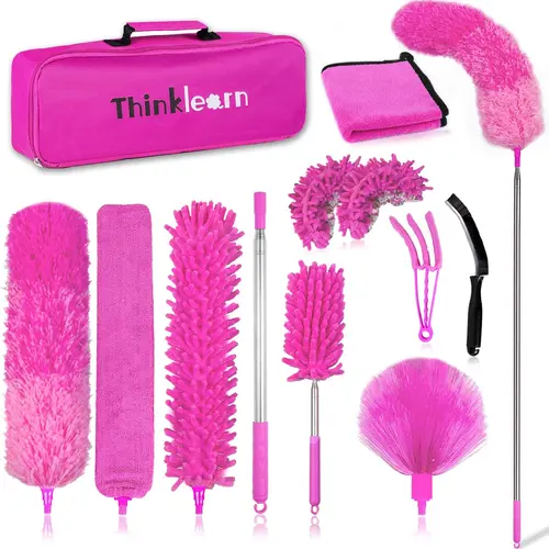 THINKLEARN 14PCS Pink Microfiber Extendable Duster Set - Lightweight Synthetic Hand Tool Kit with Steel Retractable Pole, Bendable Head, Mini Lamp Dusting Head, Brush for Ceiling, Tables, Floors, Household Dusters for Cleaning, Ceiling Cleaning, Washable