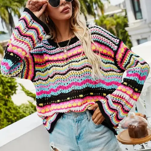 Women's Colorful Striped Print Hollow Out Drop Shoulder Knit Sweater, Casual Striped Knitted, Casual Long Sleeve Round Neck Jumper for Spring & Fall, Casual Fashion Knitwear for Daily Wear Crewneck
