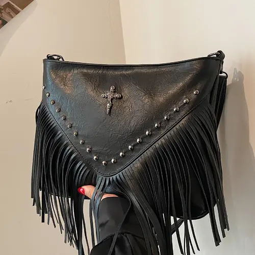 Women's Street Style Vintage Cross Design Crossbody Bag, Trendy Tassel Design Plain Color Crossbody Bag, Fashionable Daily Crossbody Bag