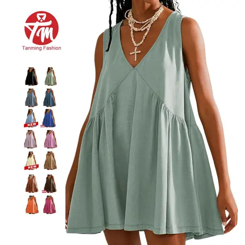Tanming Women's Cotton-Rich Soft Touch V-Neck Sleeveless Basic Babydoll Pinafore Mini Dress, Above Knee Loose Plus Size Layering Swing Jumper with Pockets - Ideal for Brunch Dates, Formal Events, M, Fashion Apparel