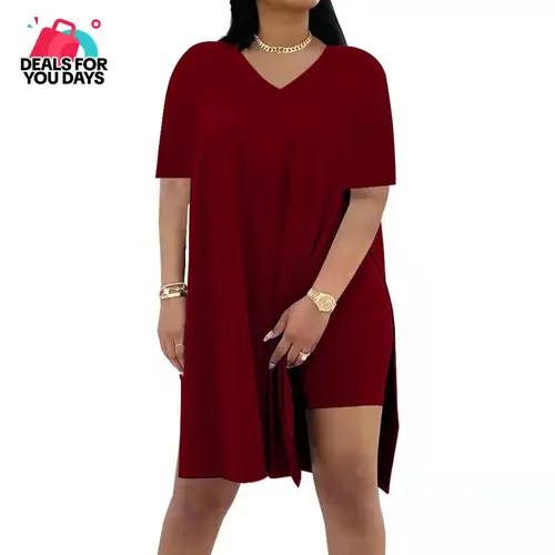 Women's 2-Piece Spandex Matching Set - Crop V-Neck Oversized Split Hem T-Shirt & High Waist Bodycon Biker Shorts, Comfy Loungewear & Clubwear Outfit