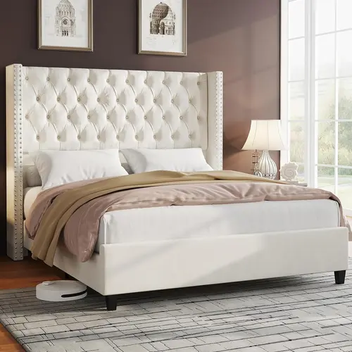 Amerlife Velvet Upholstered Modern Queen Wood Platform Bed Frame - 51.6" Tall Wingback Headboard, Deep Button Tufted, Padded High Profile Furniture, Silent, No Box Spring Needed, SummerVibes/Christmas Gift, Modern Bedroom Upgrade #SohoChic