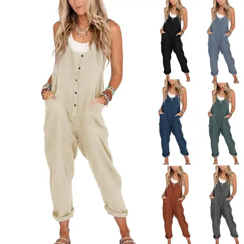 Yeokou Women's Sleeveless Button-Front Minimalist Solid Color Linen-Cotton Overalls - Adjustable, Loose, Body-Flattering Casual Jumpsuits with Button Pockets, Basic Clothes for Women,sohochic