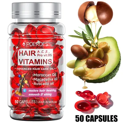 POEROES 50-Capsule Hair Oil (Argan, Avocado & Moroccan Oils) - Vitamins A,C,E,Pro B5 - Leave-In Conditioner for Frizzy/Damaged Hair - Shiny, Glossy, Silky Straight Care for Women & Men, Argan Oil, Shiny Hair