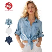 Tanming Women's 3/4 Sleeve Denim Tie Knot Crop Top | Y2K Western Button Down Shirt for Summer Outfits,summerwins