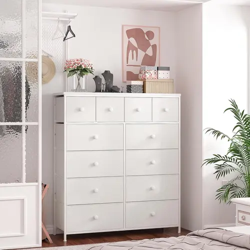 Raybee Furniture 12-Drawer Tall Dresser - Wooden Top, Metal Frame Fabric Storage Organizer, Closet Organization Solution, Dresser for Bedroom, Multi Drawer Cabinets, Large Indoor Modern Design Cabinet (Ideal for Bedroom, Closet)