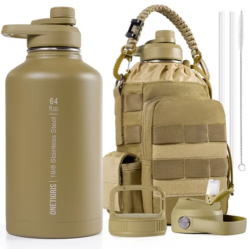 OneTigris 64oz Portable Stainless Steel Fully Insulated Water Bottle - Double-Wall Thermal Flask, Leak-Proof Seal, 2 Reusable Washable Straws, Cold & Hot Sports Drinkware Tumbler for School