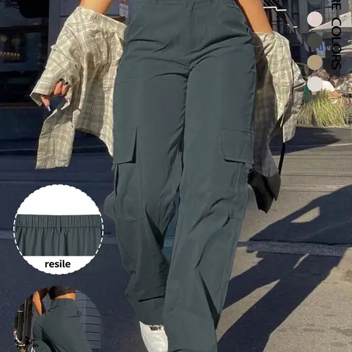 Women's Plain Flap Pocket Button High Waist Cargo Pants, Casual Elastic Waist Trousers for Fall & Winter, Ladies Bottoms for Daily Wear