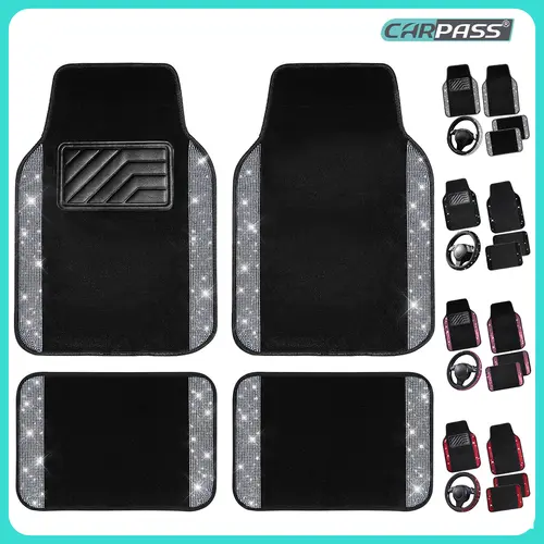 CAR PASS Bling Diamond Leather Steering Wheel Cover 14.5in-15in Floor Mats Shining Rhinestone Carpet Sparkly Glitter Crystal Anti-Slip Pad Fit Automotive SUV Pickup Truck Girl Women, 5pcs Black Sliver