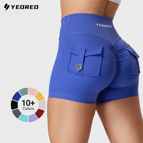 YEOREO CoreFlex Women's High Waist Biker Shorts with Pockets, Contour Seam, Button, Criss Cross Design - Active, Sporty Chic Athletic Workout Shorts for Workout Outfit Inspo, Sun Protection, Anti-Odour