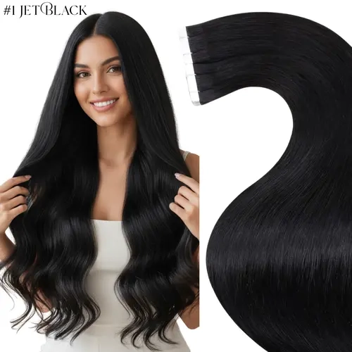 LaaVoo Real Human Hair Tape-in Extensions, #1a-Hot Natural Straight, 20 Pieces, Wash+Straighten Compatible, Long-Lasting Fashion Hair Accessory for Summer Hairstyles,sohochic