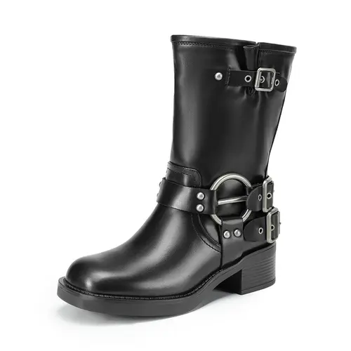 Dream Pairs Women's Sporty Chic Mid-Calf Moto Boots, Casual Footwear with Adjustable Buckle Straps and a Low Heel, Women's Shoes, Slip On,shoes for back to school,back to school shoes,sohochic