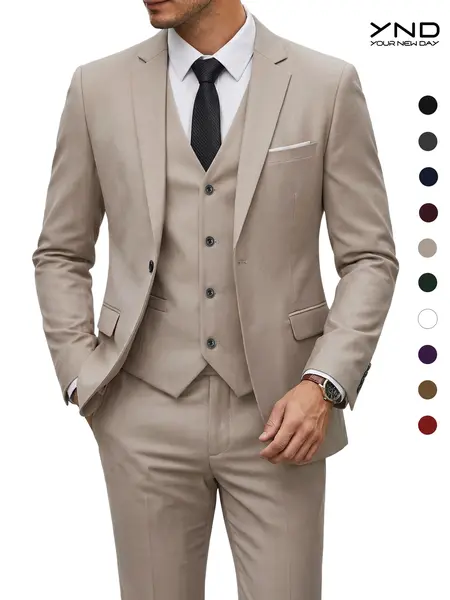 YND Men's Slim Fit 3 Piece Menswear Formal Wear Suit 1 Button Plain 30% Denser Fabric Jacket, Pants & Tie Set for Wedding, Business Events, Father's Day Gift, Fathersdaygift, Suit Sets,sohochic