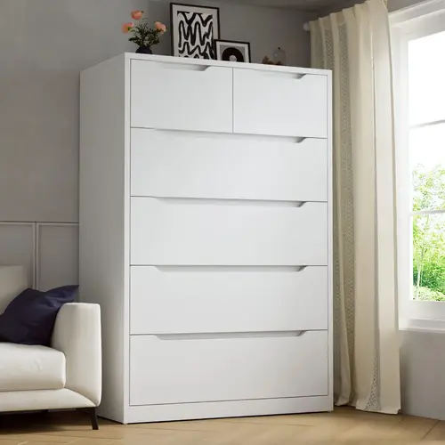 【24H Online Help】Raybeefurniture Modern Wood Dresser with 4/5/6 Deep Drawers, Stylish Storage Cabinet & Chests of Drawers, Tall Dresser with Smooth Metal Rail, Perfect White Storage Organizer & Home Decor for Bedroom, Cloet, Living Room