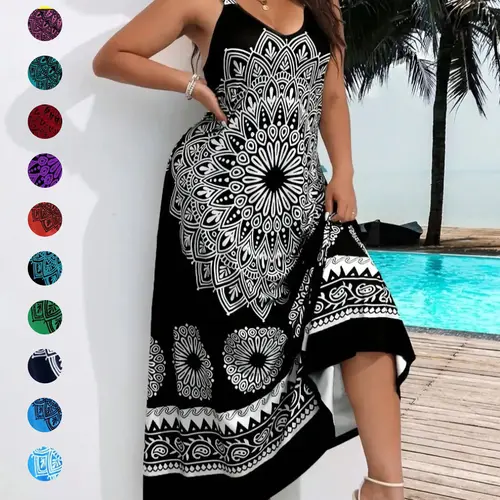 Plus Size Ethnic Pattern Backless Scoop Neck Fitted Cami Dress, Boho Print Dress, Bohemian Style Dresses, Boho Bohemian Fashion Chic Sleeveless Casual A Line Long Dress, Casual Boho Sundress for Beach Holiday Vacation, Women's Plus Clothing for Summer