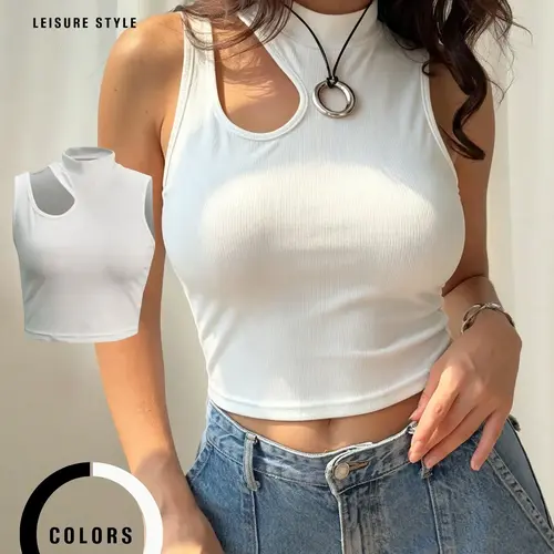 Women's Fashion Sexy Crop Top, Knitted Tank Top, Short Sleeve Cut Out Design, Tight Fit Showcases Figure, Inner and Outer Wear, Casual Style