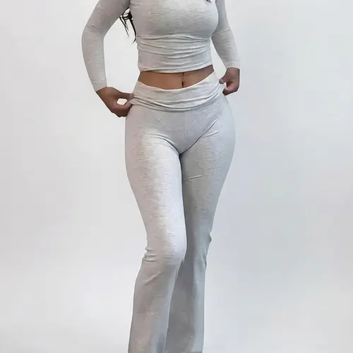 Women's Solid Long Sleeve Crop Tee & Flare Leg Skinny Pants Loungewear Set, Casual Round Neck Top & Bell Bottom Leggings, Sleepwear Set for Women