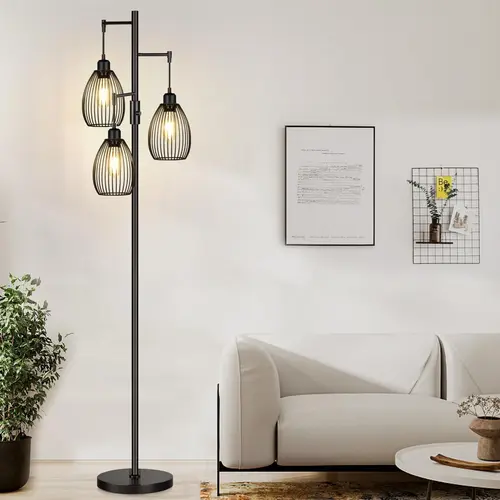 Dimmable Decorative Floor Lamp - Adjustable Light, Modern Standing Light, Farmhouse Industrial Tree Lamp with Elegant Teardrop Cage, 3 x 800LM LED Edison Bulbs Included, for Bedroom Decor, Living Room Decorations, Home Use,sohochic