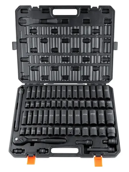 VEVOR 65-Piece Cr-V Steel Socket Wrench Set with Tool Box, 3 Adapters, Laser-Etched Easy-to-Read SAE/Metric Markings, Rugged Construction, Car Tools, Wrench Extension & Universal Socket Sets, Mechanic Gifts