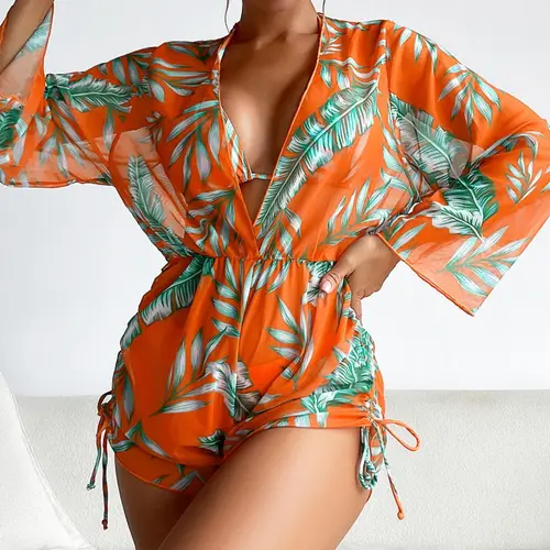 Women's Tropical Leaf Print Bikini Set, Tropical Print Bikinis, Halter Neck Tie Back Triangle Bra & Drawstring Side High Waist Romper & High Cut Swim Bottom, Women's Swimwear, High Waist Beachwear, Swimsuit Sets