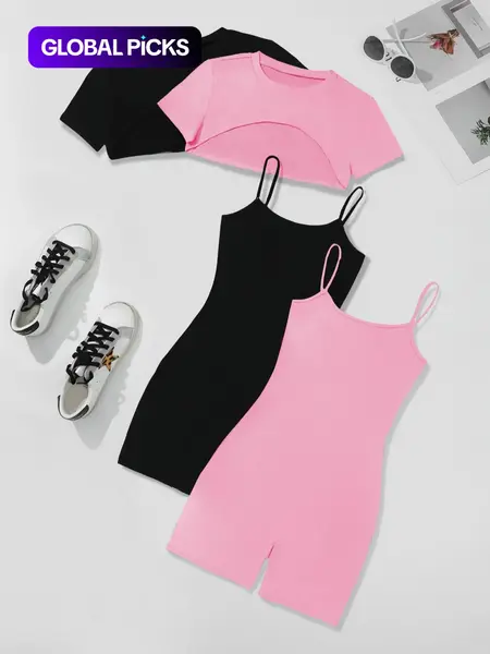 Four-Piece Set Women's Solid Round Neck High Low Crop Tee & Spaghetti Strap Cami Romper, Casual Short Sleeve Super Crop Top & Sleeveless Medium Bodycon Romper, Cute Summer Outfit Womenswear