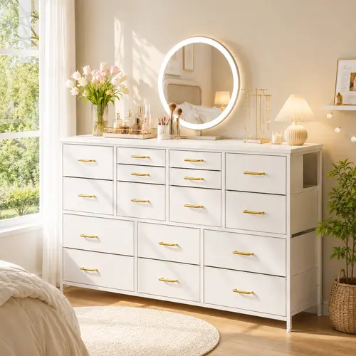 Raybee 51" Width Rectangle Bedroom Dresser - 16 Drawers, Sturdy Stable Steel Frame, Water-Resist Wood Top, Modern Multifunctional TV Stand & Multimedia Centre, Storage Organization, Room Decor