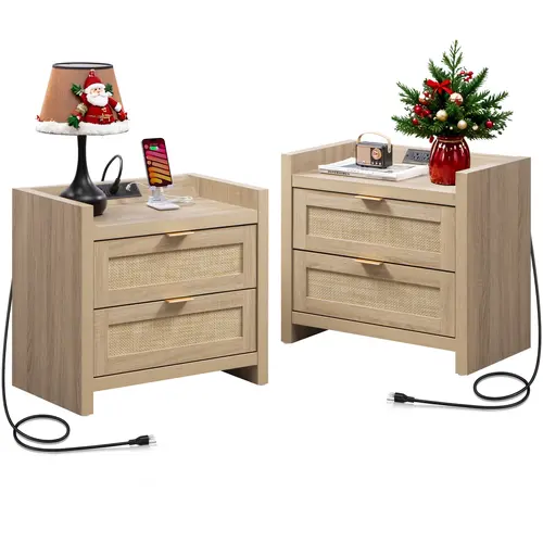 SICOTAS Night Stand Set of 2 - Rattan Nightstands with Type-C Charging Station &  Rattan Drawer - 15.4" x 23.6" x 22.1" Boho Bed Side End Table for Small Apartment Living Room Bedroom, Sturdy and Durable
