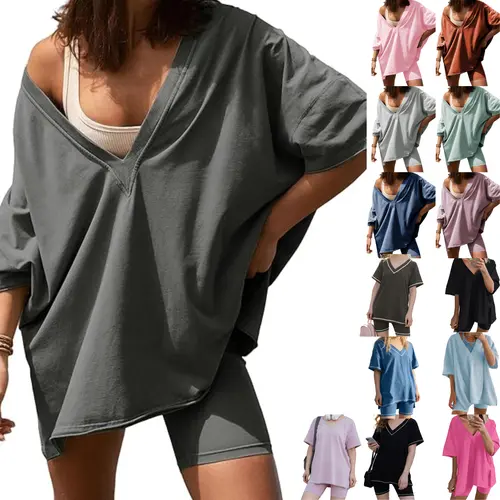 SCUSTY Women's Two Piece set Oversized Plus Size V Neck T Shirt With Pockets Biker Short Summer Outfits Hot Shot Reversible Sets Maternity Friendly
