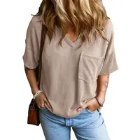 EVALESS Women's Oversized Summer T Shirts Tops V Neck Short Sleeve Ribbed Knitted Casual Loose Fit Blouses with Pocket 2026 Womenswear Outfits Summervibes  Deals For You Days summer outfits