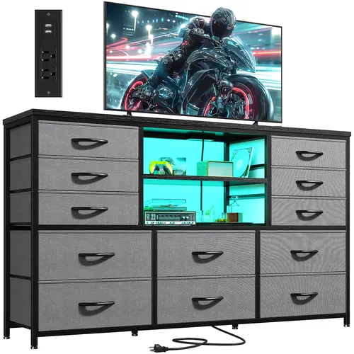 Raybee Modern LED TV Stand with Power Outlet - 12 Fabric Drawers, Fits 60" TV, Multi-Functional Dresser Cabinet Table, Living Room Furniture Entertainment Center for Bedroom, Modern Tv Stand, Tv Cabinet Table
