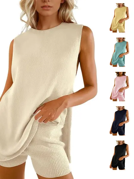 UANEO SummerVibes Women's  2 Piece Outfits Summer Knit Sweater Set Sleeveless  Tunic  Top Matching Shorts Trendy Beach Vacation Sets
