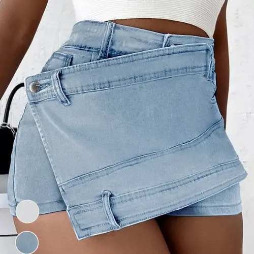 Women's Plain Woven Light Wash Denim Shorts, Asymmetrical Hem Button Pocket Wrap Twist Jeans Skort, Basic Casual High Waist Essential Jeans Shorts for Summer, Summer Clothes Bottoms, Womenswear Piece