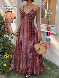 Women's Printed Split Long Sleeveless Dress, Classic Stripe Design, Backless Criss Cross Strap, Spring Summer Fall Wear, Casual Boho Elegant Bohemian Style Womenswear, Boho Summer Dresses