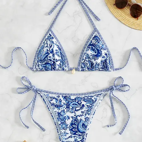 Women's All Over Print Triangle Bikini Set, Chic Halter Neck Swim Bra & Tie Side Swim Thong, Ladies Swimsuit for Summer Beach Holiday Vacation, Halter Bikini Top Bikini Swimsuits