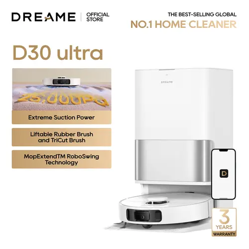 DREAME D30 Ultra Lite Robot Vacuum and Mop, 24,000Pa Powerful Suction, All-in-One Base Station with 100 Days Auto-Empty, MopExtend Tech for Edge Cleaning, Smart Obstacle Avoidance, White