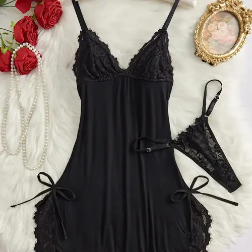 Women's Bow Decor Contrast Lace Spaghetti Strap Cami Fitted Knit Nightdress & Thong Set, Comfy Soft Sexy Underwear Lingerie for All Seasons, Fashion Style Ladies Sleepwear & Homewear Loungewear, Fitted Sleeveless Nightdress