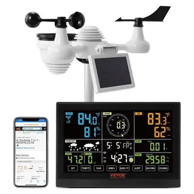 VEVOR 7-in-1 Wi-Fi Weather Station with 7.5 in Digital Display, Solar Wireless Outdoor Sensor, IPX6 Waterproof, Real-Time Data, Alarm Alerts for Temperature, Humidity, Wind Speed-Direction, Rain, Batteries, Indoor-Outdoor Use, Solar Wireless Thermometer,,