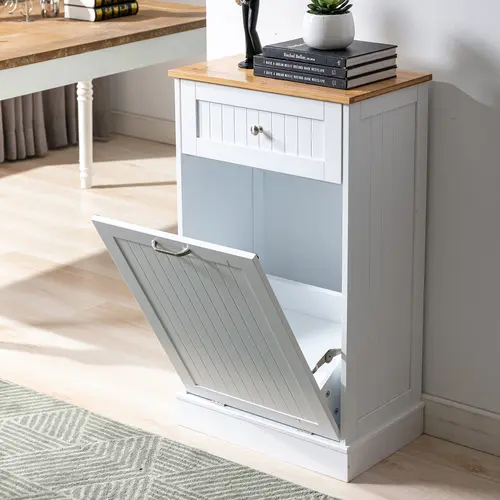 26 gallons Tilt Out Trash Cabinet,Freestanding Wooden Kitchen Trash Recycling Cabinet with Drawer&Removable Cutting Board,Dog Proof Trash Can Cabinet,White/Black