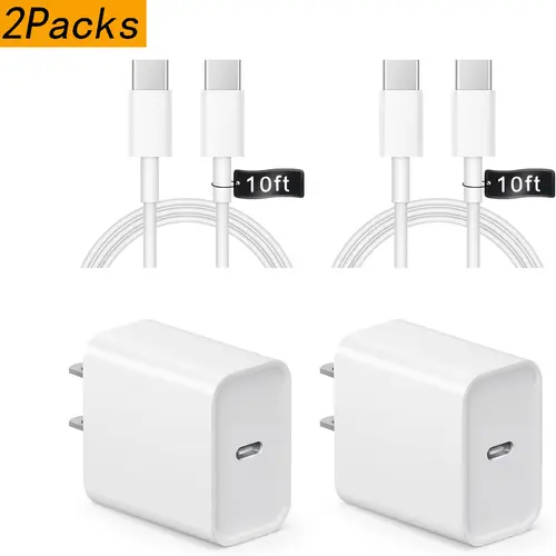 2-Pack 20W PD USB-C Safety Wall Chargers with 6FT/10FT Type-C Cables - Secure Charging for iPhone 17/16/15 Series, iPad Pro/Air/Mini, Samsung Galaxy, Smartphone, Cellphone, iPhone Charger