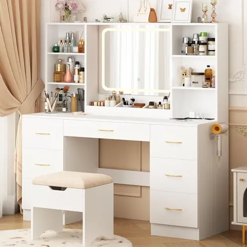 47" Large Vanity Table with Mirror and Lights, LED Vanity with Stool Set, Lighted Make up Vanity Desk with 7 Drawers and Power Outlet for Women, Girls (White/Black)