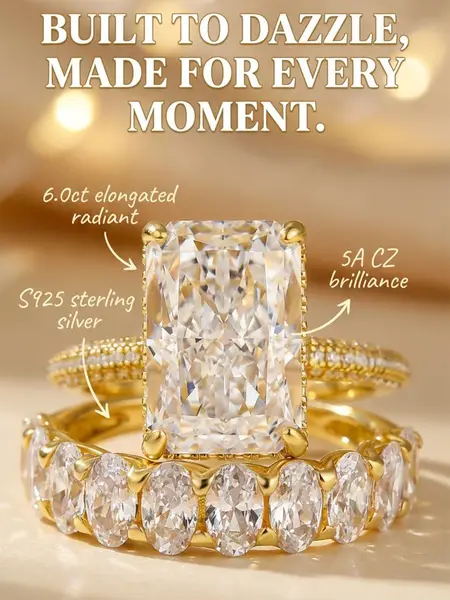 Effinny Fade-Resistant 6.0ct Elongated Radiant Cut 14K Gold Plated Wedding Ring Set In S925 Sterling Silver, 5A CZ Fashion Bridal Ring for Wedding, Party, Travel, Engagement Rings